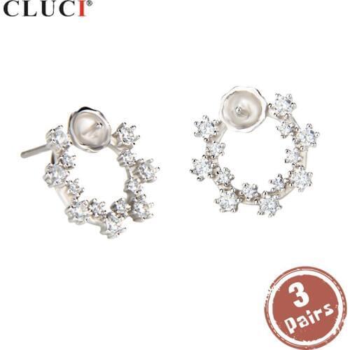CLUCI 3 pair wholesale 925 Sterling Silver Stud Earrings Jewelry Pearl Earring Mounting Silver 925 Round Earrings SE049SB