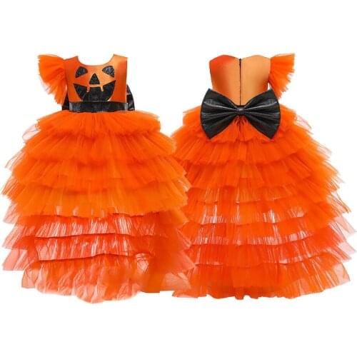 Halloween Kids Funny Pumpkin Layered Tailing Tutu Dresses for Girls Individuality Party Orange Long Dress Back with Big Bow
