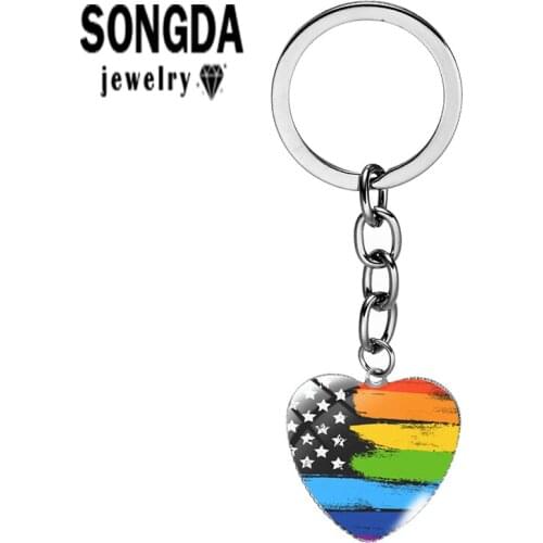 SONGDA LGBT Rainbow Pride Flag Bisexual Pride Lesbian Pride Trendy Print Keychain Glass Convex Heart Shaped Jewelry Long Keyring