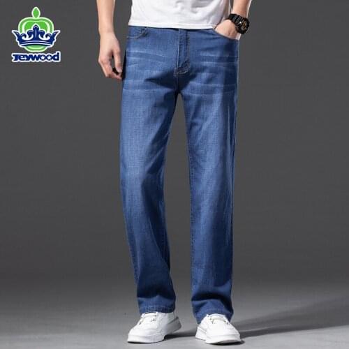 High Quality Lyocell Fabric Stretch Mens Jeans Straight Loose Summer Thin Classic Wide leg Pants Casual Trousers 40 42 44 46