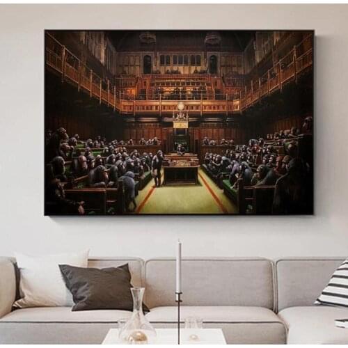 Devolved Parliament Graffiti Art Canvas Posters And Prints Monkey Meeting Street Art Paintings Animals Art Pictures Home Decor