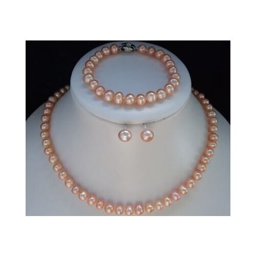Womens fine 8-9mm AAA Pink Akoya Pearl Necklace Bracelet Earring Sets word mujer for 925 fine quality jewelry nature