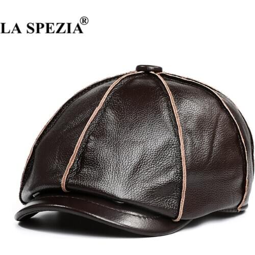 LA SPEZIA Genuine Leather Newsboy Cap Men Real Cowskin Leather Octagonal Hat Autumn Winter HIgh Quality Hats for Men Accessories