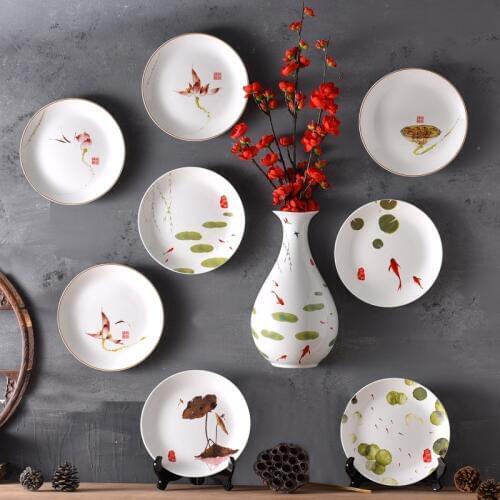 8 inches Chinese Lotus ceramic hanging plate wall decorative dish home decor pendant room decoration Zen crafts