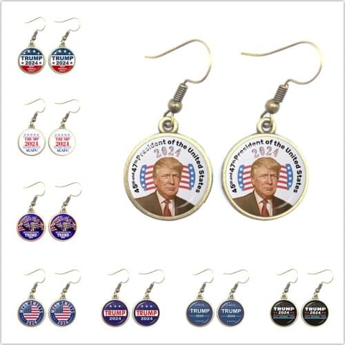 Donald Trump 2024 Collection Election Glass Cabochon Keep America Great Golden/Bronze Earrings Jewelry For Women Girls