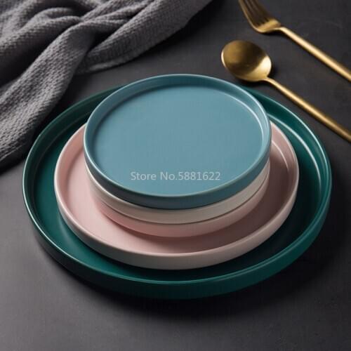 Creative Ceramic Round Plate Dark Green Matte Household Tray Nordic Pink Ceramic Tableware Steak Western Food Plate
