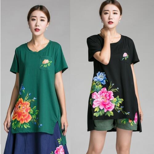 2016China style short in front long Peony Hand-painted big size clothing Summer cotton long T-shirt loose Fluid Systems 5XL 6XL
