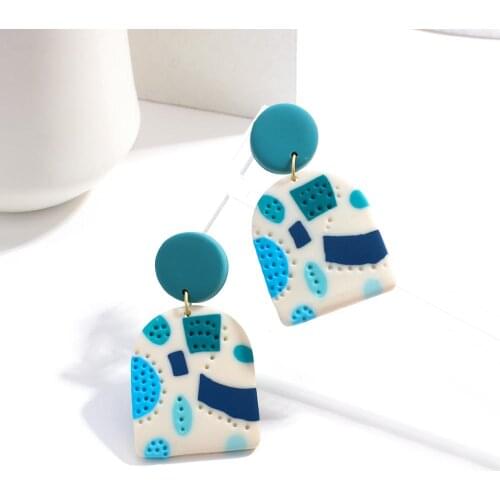 Lifefontier Trendy Blue Green Color Geometry Graffiti Clay Big Long Drop Earrings for Women Fashion Polymer Clay Party Jewelry