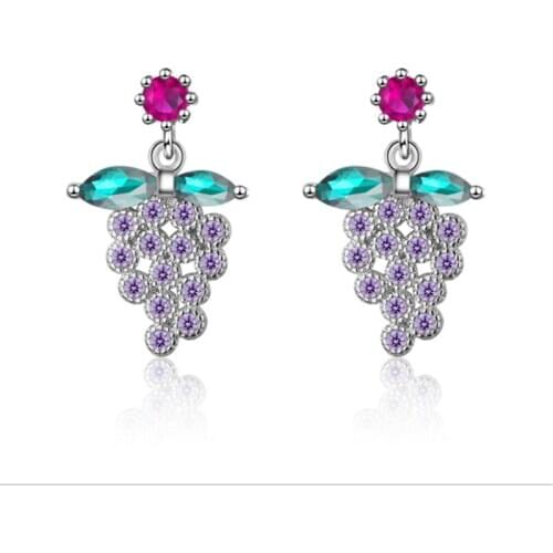Net red personality temperament creative cute sweet purple grape short silver plated stud earrings WE083