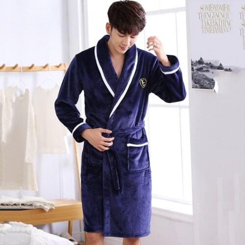 Men Casual Kimono Bathrobe Autumn Winter Flannel Long Robe Thick Warm Sleepwear Plus Size Nightgown Male Loose Home Wear