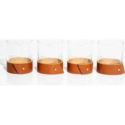 Whiskey Glass and Leather Glass Ring Set Brown coloured Handmade % 100 cowride 4 pieces glass 4 pieces glass belts