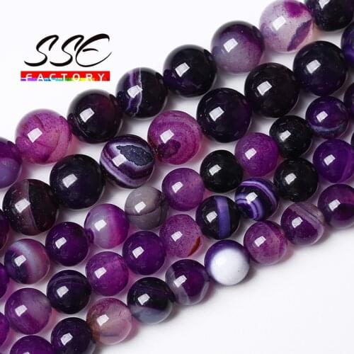 Natural Purple agates Stone Beads Smooth Striped Agates Round Loose Beads For Jewelry Making Diy Bracelets 4 6 8 10 12 14mm 15"