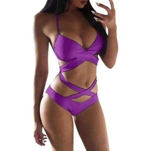 Neon Sexy Purple Push-up Bikini Swimsuit Womens Plain Lace-Up Halter Padded Close-Fitting Beach Swimwear Pool Party Bikini Set