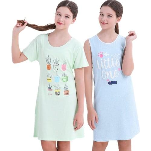 Nightdress female summer short-sleeved color cotton thin nightdress summer lively cute casual girl loose home service Mid skirt