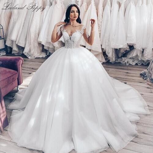 Lceland Poppy Luxury Ball Gown Wedding Dresses 2020 Fulle Sleeves Beaded Tulle Vestido de Novia Lace Appliques Bridal Gowns