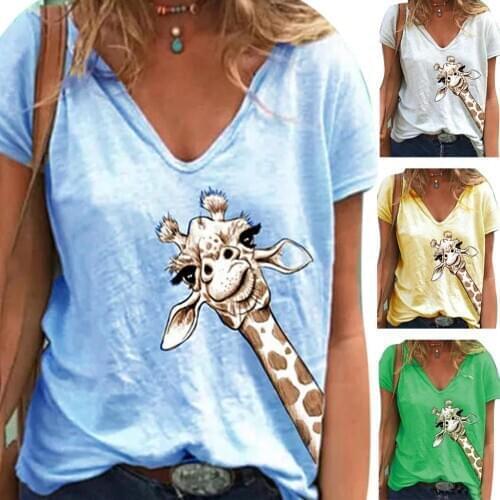 Women Summer Casual Short Sleeve V Neck Giraffe Print Cotton T-shirt Blouse Top T-shirt Blouse Top T-shirt Blouse Top T-shirt Bl