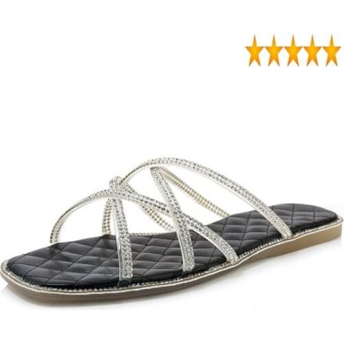 2021 New Women Fat Rhinestone Casual Summer Female Ladies Yellow Blue Black Slippers Beach Shoes Plus Size 44