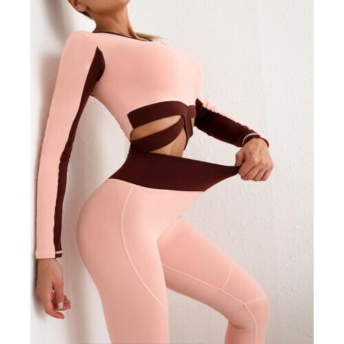 Women Yoga Set GYM Workout Sportswear Color Blocking Clothing Fitness Long Sleeve Crop Tops High Waist Leggings Sports Suits