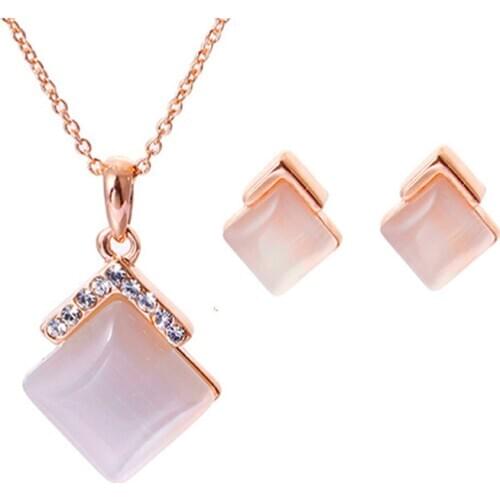 MOONROCY Rose Gold Color Opal Choker Necklace Earrings Jewelry Set Rigant Vintage Geometry for Women Wholesale Dropshipping