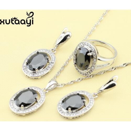 Hot-selling Silver Womens Health Fashion Round Jewelry Set Superb Black Cubic Zirconia White Crystal Ring Size 6/7/8/9/10