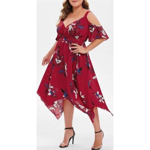 Summer Women Chiffon Floral Print V-neck Dress Short Sleeves Off-shoulder Maxi Dresses Sling Dress for Daily Plus Size XL-5XL