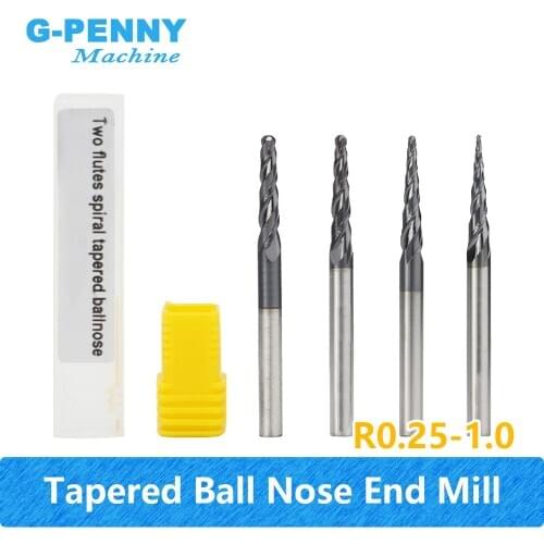 1pcs-R0.25 R0.5 R0.75 R1.0 D=3.175mm CNC Tungsten Solid Carbide Coated Tapered Ball Nose End Mills Taper Cone Bit Milling Cutter