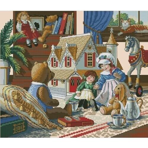 100% egypt COTTON Beautiful Lovely Counted Cross Stitch Kit Doll House Tea Party Teddy Bear Dolls Girl dim 03799 3799