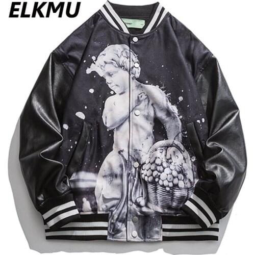 ELKMU Autumn Baseball Jacket Hip Hop Streetwear Bomber Jackets Angel Kid Print Harajuku Fashion Outerwear Coats Buttons HM488
