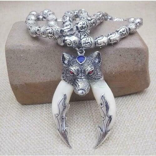 Fashion Women Men Antique Wolf Tooth Double Dragon Dragon Pendant Necklace Talisman Pendant with Chain