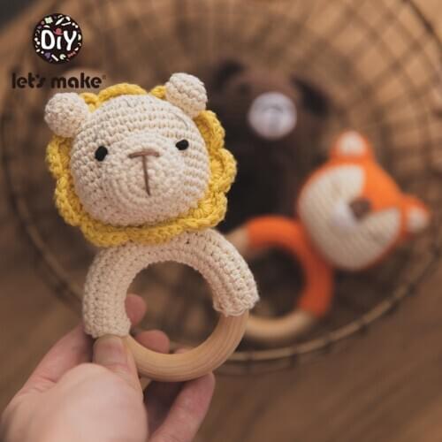 Lets Make Baby Toys Crochet Animal Rattle Wood Ring Toys Wooden Teether BPA Free Rattle Amigurumi Kids Toys Baby Gift Custom