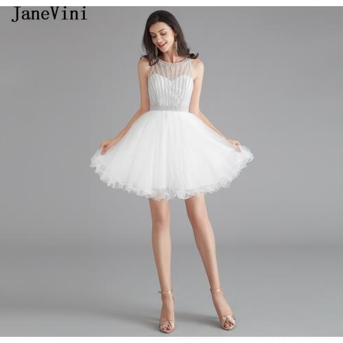 JaneVini Elegant White Tulle Short Homecoming Dresses Beaded O Neck Sleeveless A Line Mini Graduation Dress Vestido De Formatura