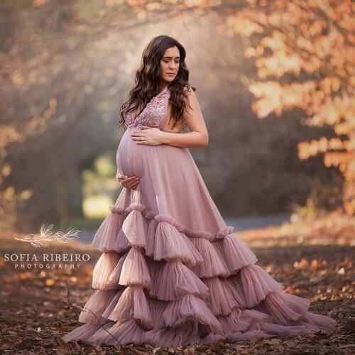 Purple Maternity Dresses Tiered Ruffled Maternity Gown for Photoshoot Boudoir Lingerie Tulle Bathrobe Nightwear Babydoll Robe