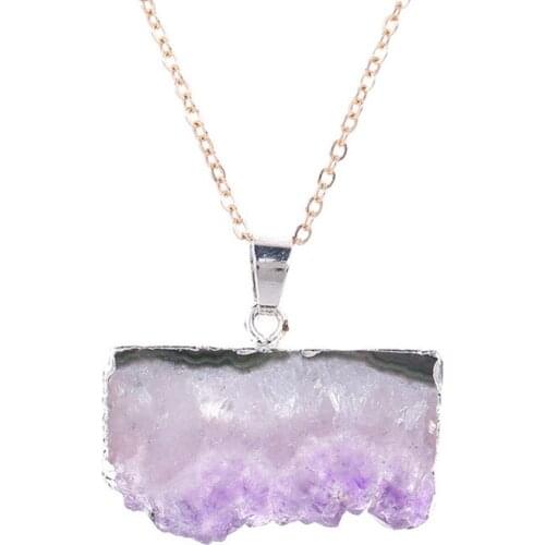FYSL Silver Plated Irregular Shape Natural Amethysts Crystal Pendant Link Chain Necklace Trendy Jewelry