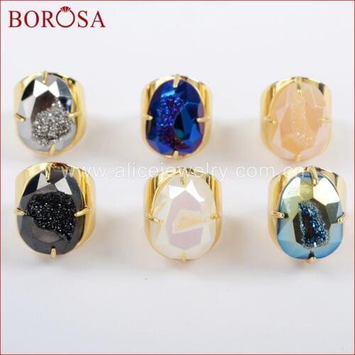 BOROSA 5PCS New Arrival Egg Shape Gold Color Claw Titanium Druzy Faceted Ring Jewelry, Rainbow Drusy Ring Gems for Women ZG0312