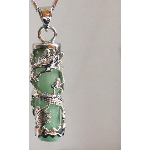 Beautiful Chinese Wind Cylinder lignt green natural stone Dragon Pendants Necklace