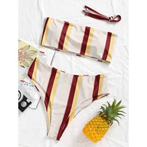 Multicolo Striped Sexy Two-piece Swimsuit 2021 Womens Small Fresh Bikini Set Tube Top Split Nylon Double Sided Swimsuit