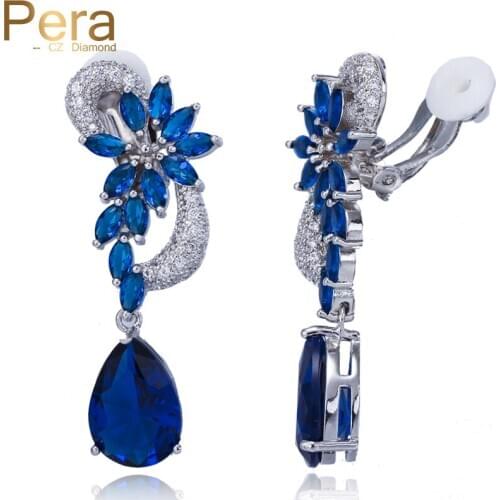 Pera Fashion Ladies No Pierced Water Drop Clip On Ear Jewelry Big Flower Shape Blue Cubic Zirconia Long Earrings For Party E255