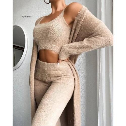 Autumn Women Fashion Solid Fluffy Plain Crop Top & Skinny Pants & Longline Coat Set Warm Cozy Suit Sets