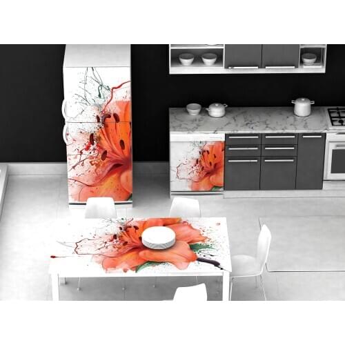3D Self Adhesive Table Refrigerator Wrap Red Flower Painting Freezer Sticker Art Fridge Door Cover Wallpaper Kitchen Accessory