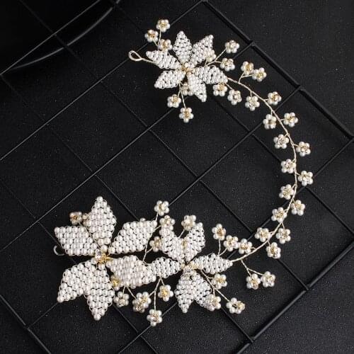 Simulated Pearls Headbands For Bride Handmade Flowers Peal Long Hairbands Women Tiara Head Jewelry Gold Hair Ornaments
