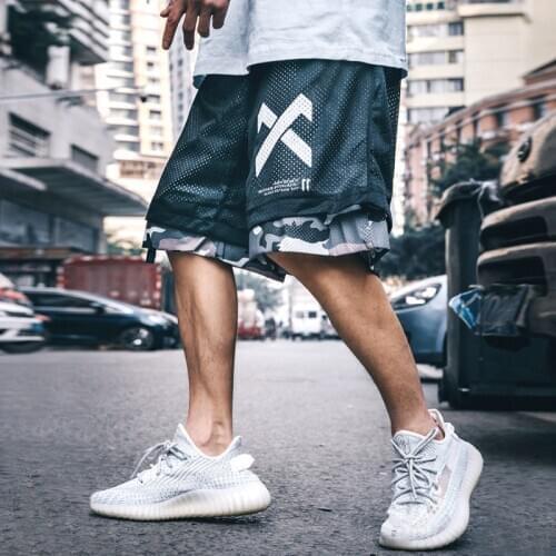 Side Harajuku Shorts Men Streetwear Casual Shorts Hip Hop Sweatpants Mesh Camouflage Military Short Pants Print Loose Polyester