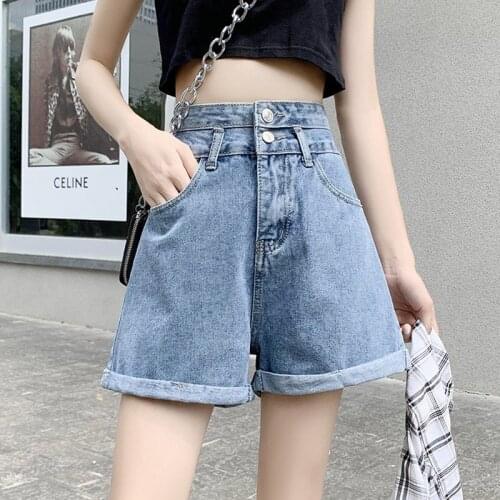 Trendy High Waist Women Loose Single Breasted Blue Denim Shorts New Spring Summer Wide Leg Black Ladies Jeans Shorts