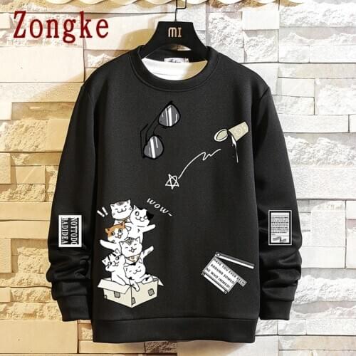 Zongke Cartoon Cat Casual Sweatshirt Men Clothing Japanese Streetwear Mens Clothes Hip Hop Pullover Men Sweatshirts M-5XL 2021