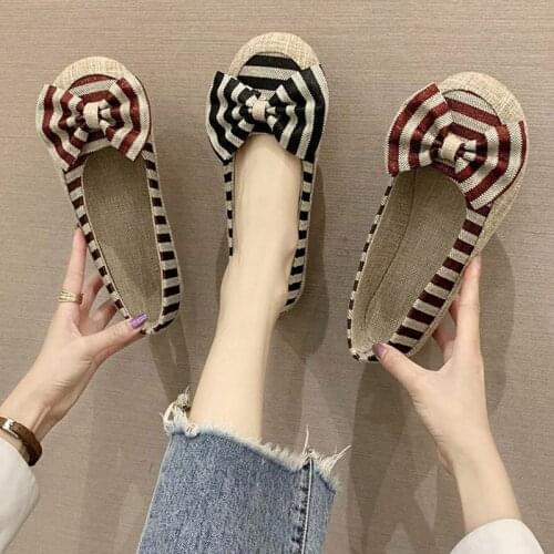 2020 Spring Autumn Women Falts Striped Slip on Flat Shoes Hemp Boat Shoes Female Comfortable Shoes Bowtie Loafers Oxford 8363L