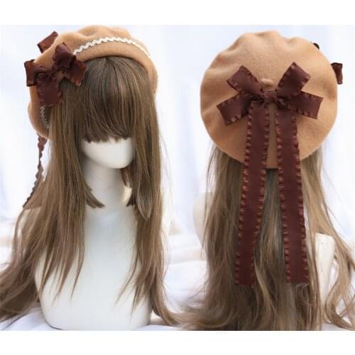 Vintage Winter Warm Lolita Chocolate Tiramisu Bowknot Beret Flat Hat Girl Woolen Painter Cap D564
