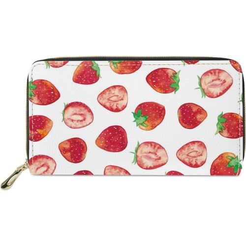 Women Wallets Cute Fruit Strawberry Print Long Purse for Girls Ladies Money Bag Travel White PU Leather Purses Coin Card Wallet