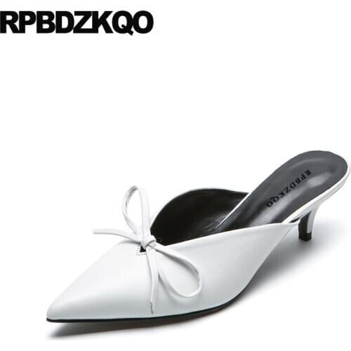 Metallic Female Bow Pointed Toe Pumps Mules Slipper Silver Kitten Patent Leather Sandals Women Fashion 2019 Summer Shoes Kawaii