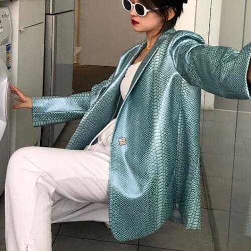 Blue-green snake-print leather PU leather blazer women casual loose big silhouette small suit