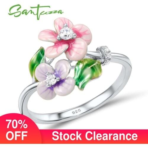 SANTUZZA Silver Ring For Women Genuine 925 Sterling Silver Flower Floral Ring Shimmering CZ Fashion Jewelry Handmade Enamel