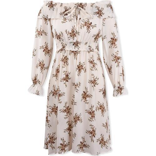 Floral Print Casual Off Shoulder Midi Dress For Women Clothes 2019 Knee Length Chiffon Vestidos Ladies Street Way Fashion
